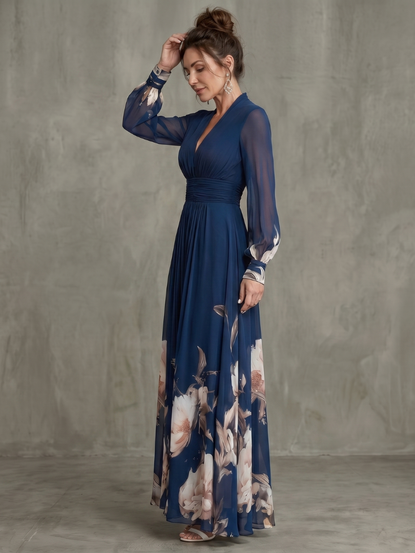 TARSILA | Vestido largo con bajo floral y mangas de transparencia