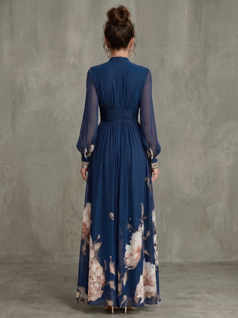 TARSILA | Vestido largo con bajo floral y mangas de transparencia