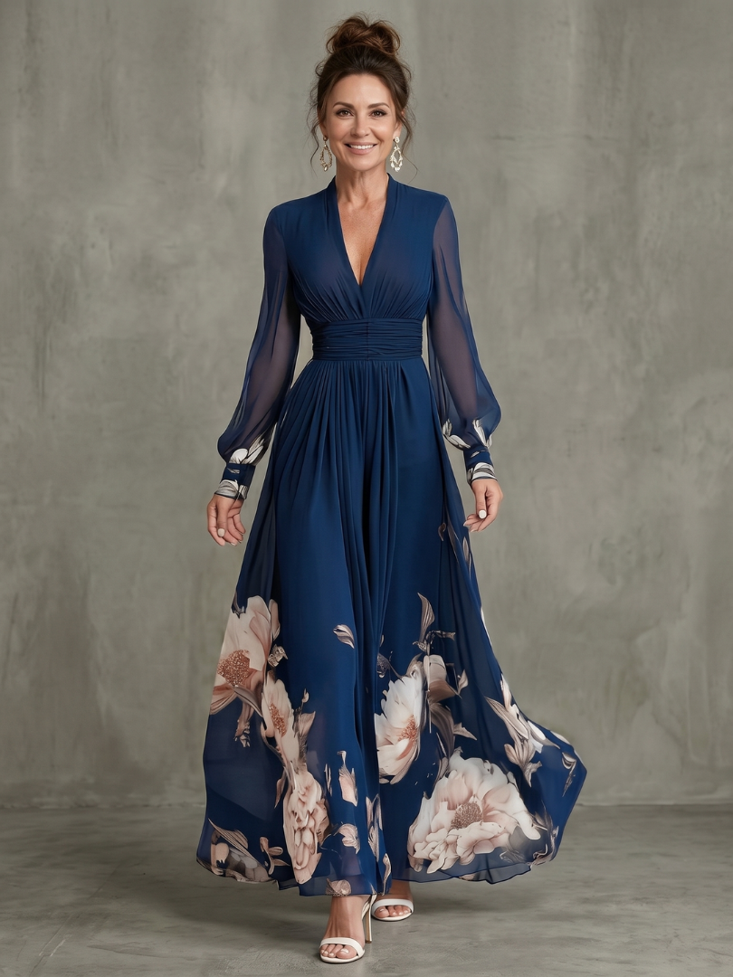 TARSILA | Vestido largo con bajo floral y mangas de transparencia